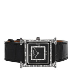 18K White Gold Alligator Diamond Grey Sapphire 26mm Heure H Hour Quartz Watch Noir