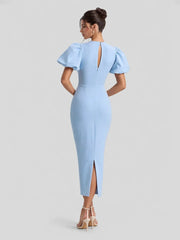 Puff Sleeve Scuba Crepe Midi Dress