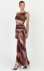 Lucienne Maxi Dress - Asymmetric Neckline Gathered Draped Sash Dress in Aurora Print