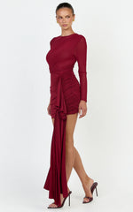 Jasmine Mini Dress - Long Sleeve Draped Skirt Overlay Dress in Wine