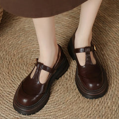 Women's T-Bar Mary Jane Brogue Shoes | Round Toe Low Heels