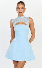Sia Mini Dress - Cut out Contrast Lace Tulip Skirt Dress in Light Blue