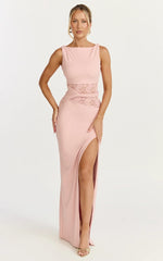 Alberta Maxi Dress - Spliced Sheer Lace Column Dress in Pink