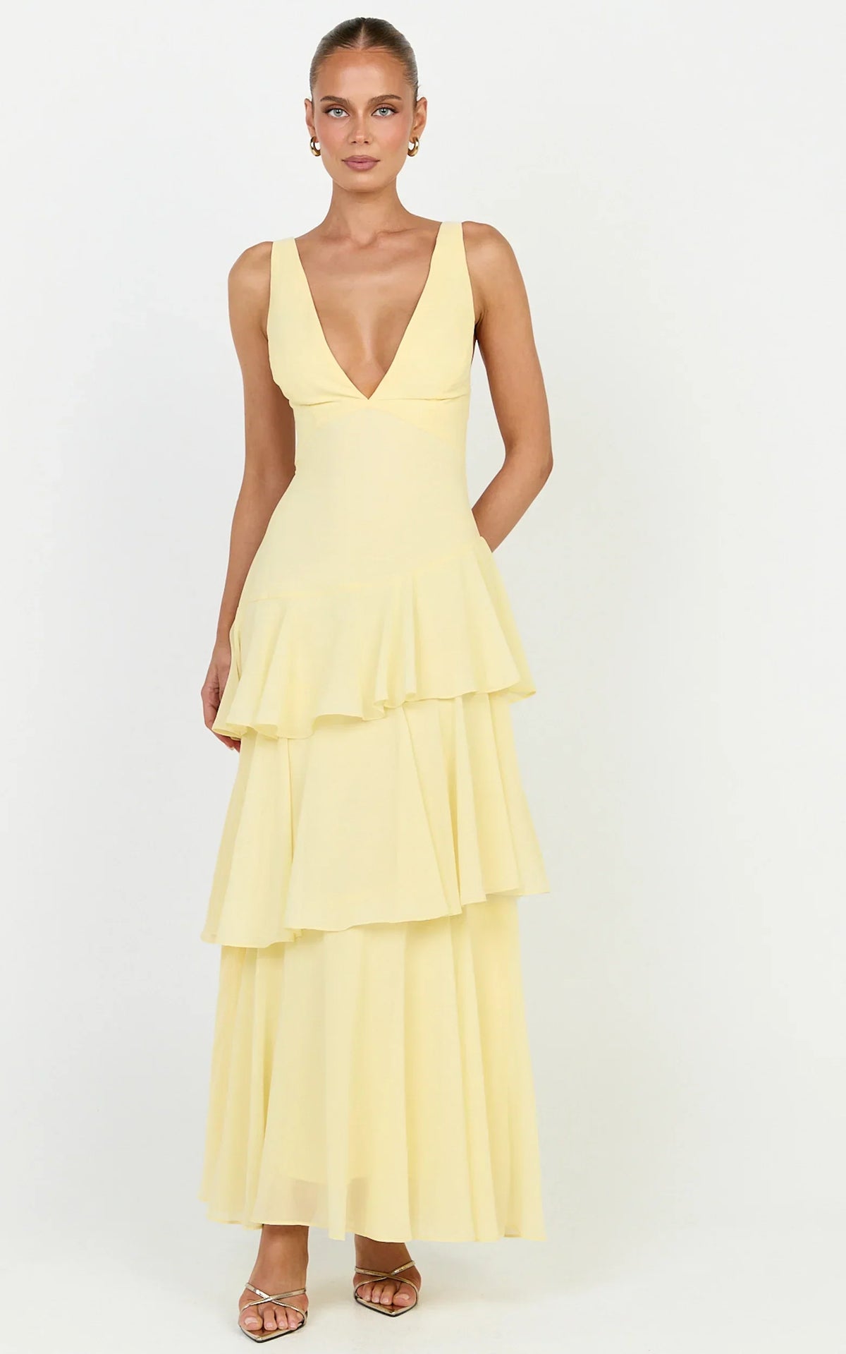 Beryl Midi Dress - Deep V Neck Sleeveless Layered Dress in Lemon