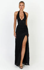 Lacey Maxi Dress - Lace Corset Style Bodice Halter Dress in Black