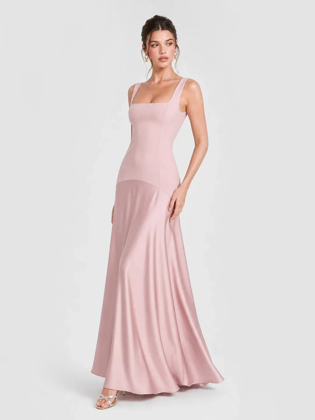 Square Neck Satin Patchwork Maxi Dress