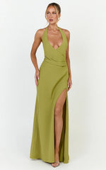 Dune Maxi Dress - Backless Plunge Neckline Draped Bodice Halter Dress in Olive