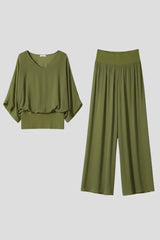 Women's V-Neck Wide-Leg Two-Piece Set | Batwing Blouse & Trousers