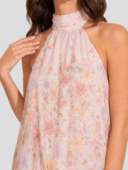 Watercolor Floral Halter Gown with Floral Trim