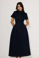 Cotton Mix Denim Collared Midi Dress