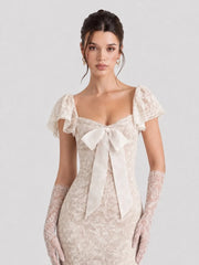 Cap Sleeves Lace Midi Dress with Satin Bow