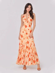 3D Flower Ruched Halterneck Maxi Dress