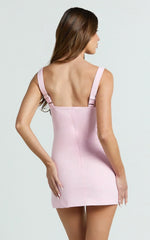 Arna Mini Dress High Neck Fitted Bow Detail Leg Split Fitted Dress in Pink