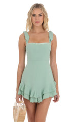 Dotted Pointed Ruffle Dress in Green
