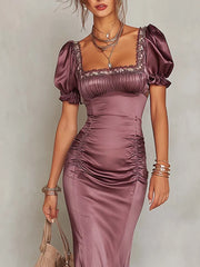 Vintage Square Lace Neck  Ruched Fishtail Midi Dress