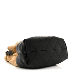 Suede Calfskin Shiny Lambskin Quilted Shopping Bag Beige Black