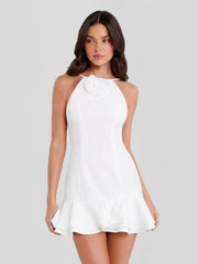 Rosette Open-Back Halter Mini Dress