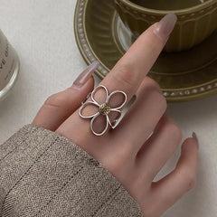 Women's Sterling Silver Openwork Petal Ring | Adjustable Two-Tone Flower Ring