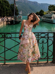 Watercolor Spaghetti Strap Eyelet Floral Midi Dress