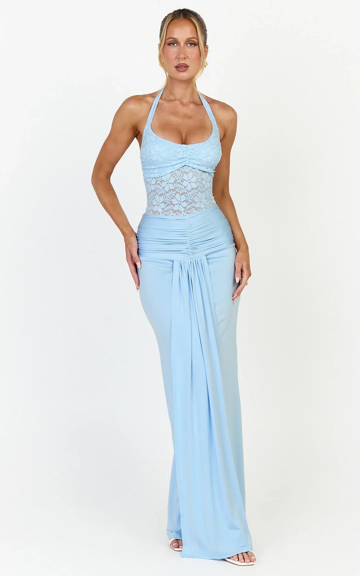 Melville Maxi Dress - Lace Bodice Draped Front Halter Dress in Blue