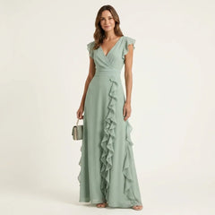 Women's Ruffle Wrap Maxi Dress | Elegant Silky V-Neck Layered-Sleeve Gown