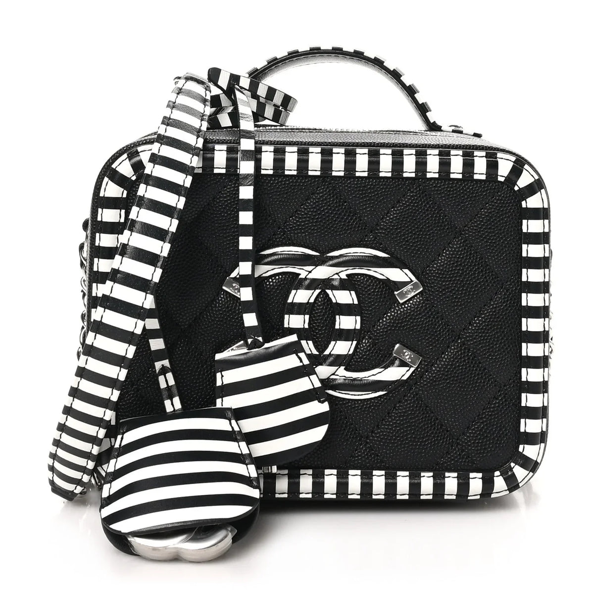 Caviar Quilted Striped Small CC Filigree Vanity Case Black White