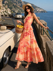 Watercolor Halterneck Open Back Maxi Dress