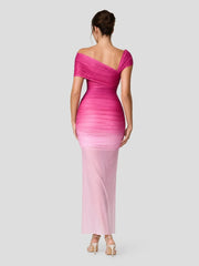 Ombre Sheer Ruched One Shoulder Maxi Dress