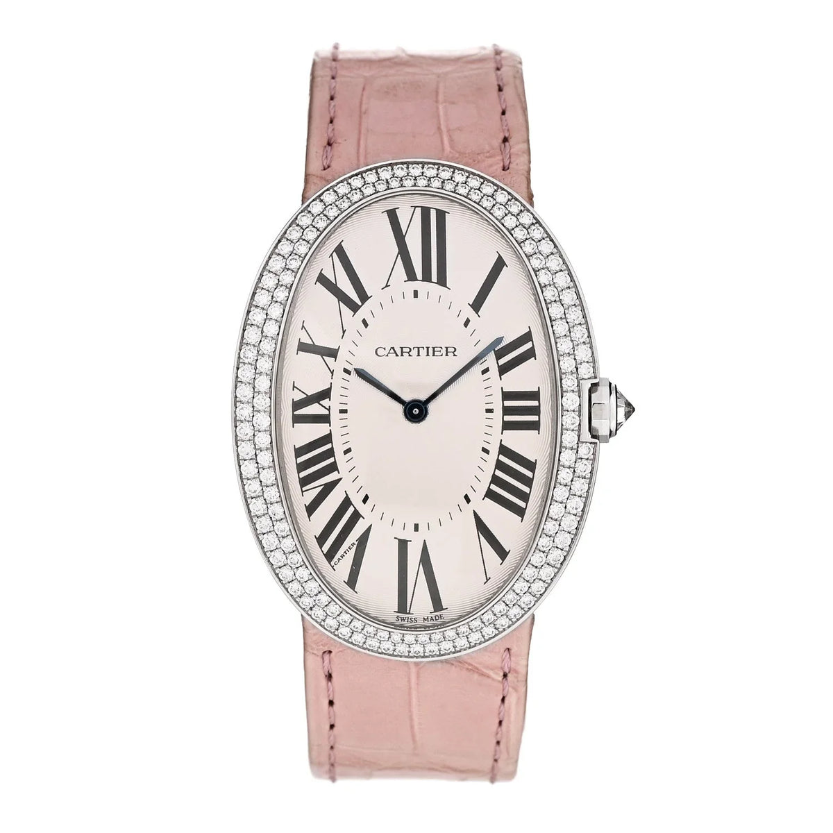 18K White Gold Alligator Diamond Bezel 33mm Baignoire Manual Winding Watch Pink