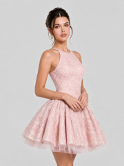 Floral Embroidered Halter Tulle Mini Dress