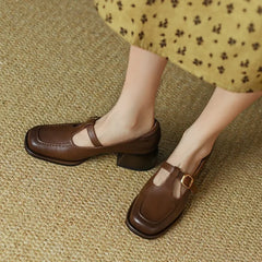Women's T-Strap Mary Jane Shoes | Square Toe Low Block Heels