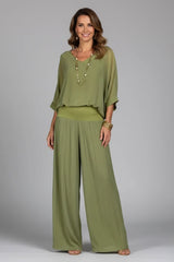 Women's V-Neck Wide-Leg Two-Piece Set | Batwing Blouse & Trousers