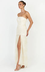 Brielle Maxi Dress - Strapless Gathered Fit & Flare Lace Dress in Champagne