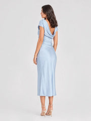 Cowl Back Satin Ruched Midi Dress