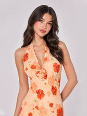 3D Flower Ruched Halterneck Maxi Dress