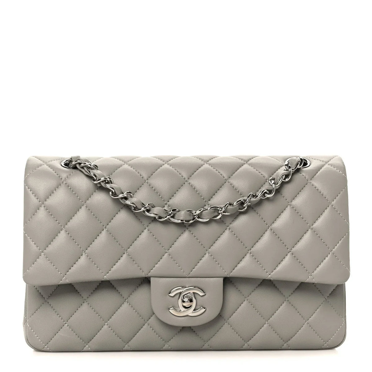 Lambskin Quilted Medium Double Flap Grey
