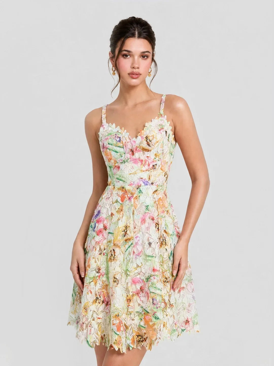Watercolor Spaghetti Strap Eyelet Floral Mini Dress
