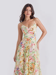 Watercolor Spaghetti Strap Eyelet Floral Midi Dress