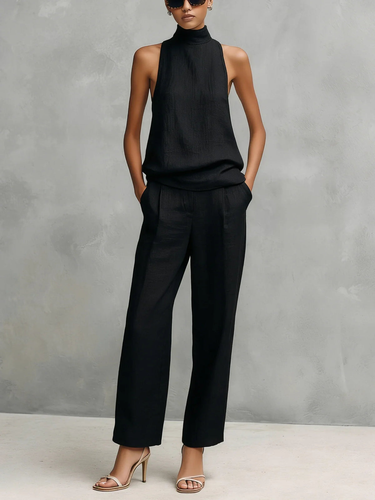Women's Sleeveless Set | Elegant Round-Neck Top and Trousers Two-Piece