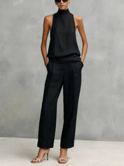 Women's Sleeveless Set | Elegant Round-Neck Top and Trousers Two-Piece