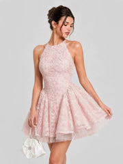 Floral Embroidered Halter Tulle Mini Dress