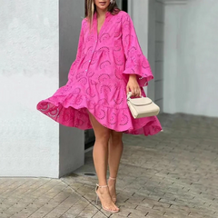Women's Openwork Embroidered Summer Dress | Elegant Long-Sleeve V-Neck Dress