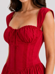 Lace-Up Corset Midi Dress with Full Skirt