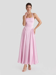 Pearl Straps Satin Halter Maxi Dress