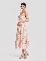 Floral Corset Lace Trim Midi Dress
