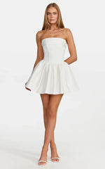 Lana Mini Dress - Ruched Bust Fit And Flare Strapless Corset Bodice Dress With Lace Up Back in White