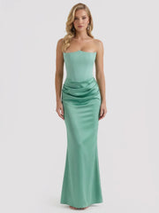 Strapless Boned-Corset Draped Satin Fishtail Maxi Dress