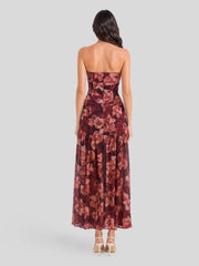 Strapless Dark Floral High Slit Maxi Dress