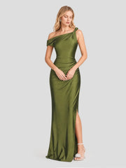 One Shoulder Asymmetric Ruched Satin Maxi Dress