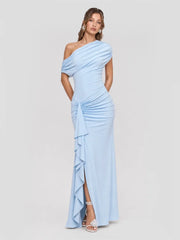 One Shoulder Maxi Dress with Draped-Detailing